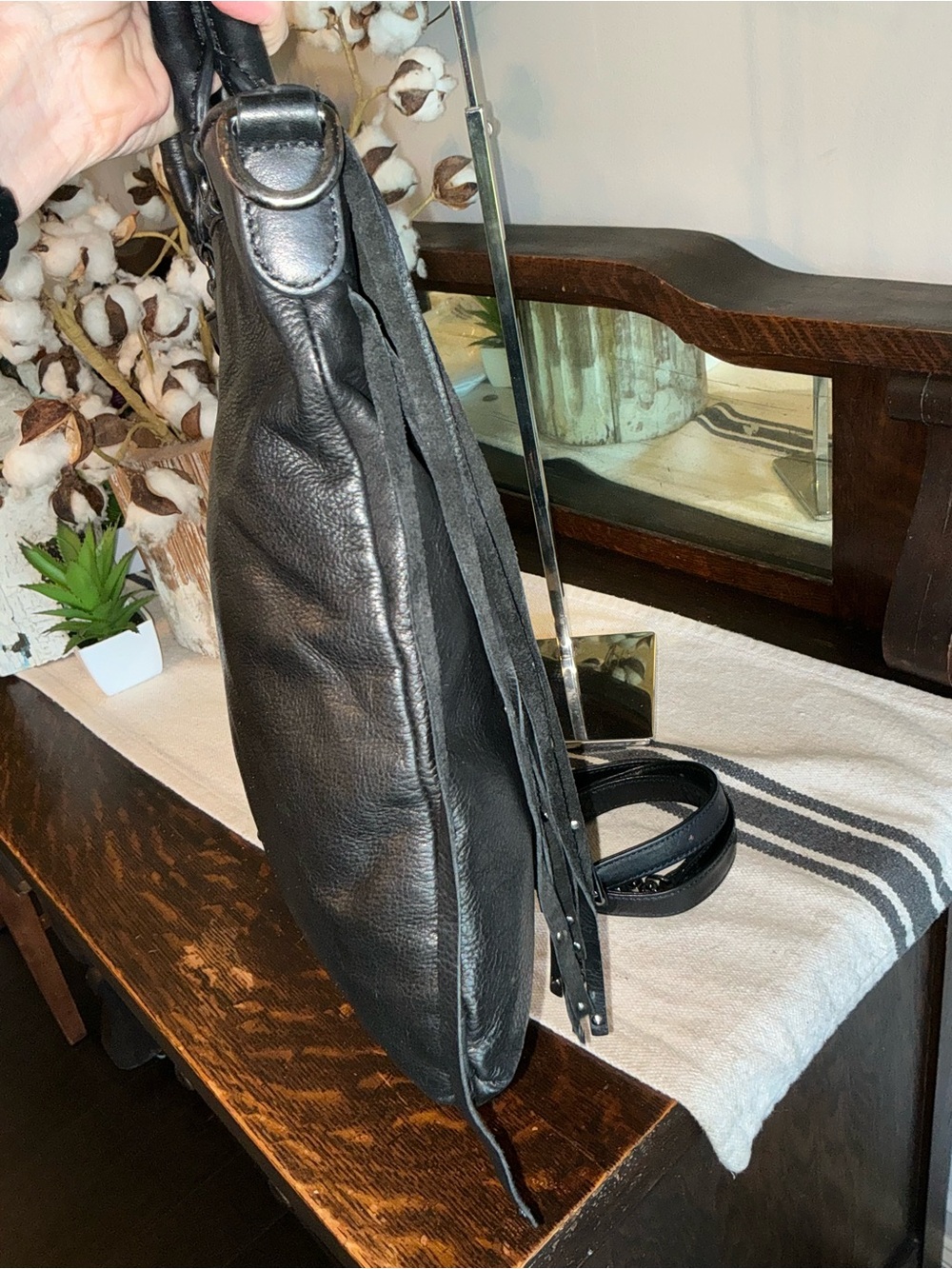 Frye Italian Leather Heidi Studded Fringe Tote Crossbody Black Retail $458 - Picture 5 of 12